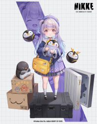 Rule 34 | 1girl, ahoge, animal, bag, beret, bird, black footwear, blue hair, blunt bangs, bow, bowtie, box, cardboard box, closed mouth, commentary request, dramz, full body, goddess of victory: nikke, gradient hair, grey skirt, grid background, hat, heart, highres, holding, holding animal, jacket, kneehighs, logo, long hair, long sleeves, looking at viewer, mary janes, multicolored hair, official art, one side up, penguin, plaid, plaid skirt, pleated skirt, promotional art, purple hair, purple jacket, qr code, red eyes, rei (nikke), sailor collar, school bag, school uniform, shirt, shoes, skirt, smile, socks, standing, two-tone hair, watermark, weapon case, white sailor collar, white shirt, white socks, yellow bag, yellow bow, yellow bowtie, zoom layer