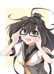 Rule 34 | 1girl, ahoge, akizuki (kancolle), bespectacled, black hair, blue eyes, clothes writing, commentary request, corset, glasses, hachimaki, hair flaps, headband, highres, kantai collection, looking at viewer, neckerchief, ponytail, red-framed eyewear, school uniform, serafuku, simple background, smile, solo, temu (bosanrune), upper body, white background, yellow neckerchief