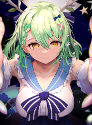 Rule 34 | 1girl, absurdres, antlers, armpits, braid, breasts, ceres fauna, collarbone, detached sleeves, flower, foreshortening, french braid, getto, green hair, hair between eyes, hair flower, hair ornament, hairclip, highres, hololive, hololive english, horns, large breasts, leaf, long hair, looking at viewer, mole, mole under eye, outstretched arms, solo, upper body, virtual youtuber, yellow eyes