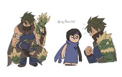 Rule 34 | 1boy, 1girl, ^ ^, armor, asaya minoru, black hair, breastplate, brown pants, brown shirt, character request, closed eyes, cropped legs, cropped torso, hair between eyes, holding, holding mask, mask, unworn mask, monster hunter (series), monster hunter rise, mouth mask, pants, profile, shirt, simple background, squatting, twitter username, v-shaped eyebrows, vambraces, white background