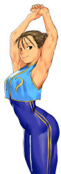 Rule 34 | 1girl, alternate costume, armpits, arms up, ass, blue bodysuit, bodysuit, breasts, brown eyes, brown hair, capcom, cessa, chun-li, commentary, crop top, crop top overhang, double bun, english commentary, flat ass, hair bun, highres, light smile, lips, medium breasts, skin tight, sleeveless, smile, solo, street fighter, street fighter zero (series), stretching, striped, thick thighs, thighs, toned, vertical stripes