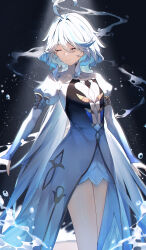 Rule 34 | 1girl, absurdres, ahoge, blue dress, blue hair, blue nails, closed eyes, closed mouth, collared dress, commentary, dark background, dress, furina (genshin impact), genshin impact, gradient dress, hair between eyes, high collar, highres, juliet sleeves, light blue hair, long hair, long sleeves, multicolored hair, puffy sleeves, signature, smile, snozaki, solo, spotlight, teardrop, white dress, white hair