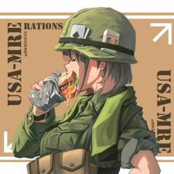 Rule 34 | 1girl, ace (playing card), ace of spades, ammunition pouch, brown hair, card, cigarette, cigarette pack, eating, food, food in mouth, green hat, green jacket, hat, helmet, holding, holding food, jacket, long sleeves, military, military hat, military uniform, original, playing card, pouch, sandwich, shirt, short hair, sleeves rolled up, solo, spade (shape), towel, uniform, united states army, vietnam war, watch, zuoteng lucha