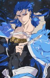 Rule 34 | 1boy, alternate weapon, blue hair, bracelet, capelet, closed mouth, cu chulainn (fate), cu chulainn (caster) (fate), earrings, fate/grand order, fate (series), floating hair, fur-trimmed hood, fur trim, hood, hood down, hooded capelet, iz izhara, jewelry, knife, cu chulainn (fate/stay night), long hair, male focus, muscular, red eyes, skin tight, solo, spiked hair, type-moon, weapon