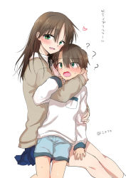 Rule 34 | 1boy, 1girl, blush, brother and sister, brown hair, eyebrows hidden by hair, eyes visible through hair, full body, green eyes, hair between eyes, long hair, long sleeves, looking at viewer, mikami mika, open mouth, original, siblings, sisters, smile, solo, standing, white background