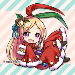Rule 34 | 10s, 1girl, :d, antlers, bad id, bad pixiv id, bell, blonde hair, blue ribbon, blush stickers, brown footwear, chibi, commentary request, diagonal stripes, dress, forehead, full body, fur-trimmed dress, fur-trimmed sleeves, fur trim, green ribbon, hair bell, hair ornament, hair ribbon, horns, long hair, long sleeves, looking at viewer, lowres, mashiro miru, monster strike, open mouth, pandora (monster strike), parted bangs, red dress, red eyes, red ribbon, reindeer antlers, ribbon, sleeves past fingers, sleeves past wrists, smile, solo, star (symbol), striped, striped background, twitter username, very long hair, wide sleeves