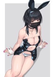 Rule 34 | 1girl, animal ears, bare shoulders, bikini, bikini under clothes, black hair, blush, border, bow, breasts, brown eyes, cleavage, cleavage cutout, clothing cutout, dress, fake animal ears, grey background, grey bikini, highres, holding, jewelry, large breasts, leotard, long hair, looking at viewer, mask, mouth mask, navel, original, parted lips, playboy bunny, rabbit ears, rabbit tail, shiny clothes, simple background, sitting, solo, swimsuit, tail, thighs, white border, wrist cuffs, yuuji (and)
