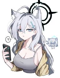 Rule 34 | 2girls, ?, absurdres, ahoge, alternate costume, animal ear fluff, animal ears, blue archive, blue eyes, blue halo, breasts, cellphone, cleavage, collarbone, cross hair ornament, dark halo, dual persona, extra ears, grey hair, hair between eyes, hair ornament, halo, highres, holding, holding phone, jacket, large breasts, long hair, long sleeves, medium hair, mismatched pupils, multiple girls, open mouth, phone, shiroko (blue archive), shiroko terror (blue archive), simple background, smartphone, spoken question mark, upper body, white background, wolf ears, yanggaengwang, yellow jacket