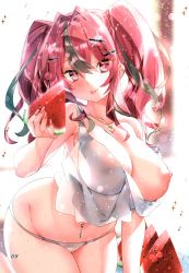 Rule 34 | 1girl, absurdres, azur lane, bare shoulders, bikini, breasts, bremerton (azur lane), collarbone, covered erect nipples, fingernails, food, fruit, highres, holding, holding food, jewelry, kamiya maneki, large breasts, navel piercing, necklace, nipples, page number, piercing, see-through, simple background, sleeveless, solo, sparkle, swimsuit, thighs, tongue, tongue out, twintails, watermelon