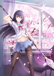 Rule 34 | 10s, 1girl, absurdres, ange vierge, bad id, bad pixiv id, black hair, blue eyes, blue skirt, blush, bow, brown pantyhose, buttons, cherry blossoms, contrapposto, curtains, frown, groin, heterochromia, highres, holding, holding weapon, indoors, legs apart, long hair, looking at viewer, ltt challenger, magic circle, midriff, miniskirt, navel, original, pantyhose, petals, pleated skirt, polearm, purple eyes, red bow, school uniform, serafuku, serious, shirt, short sleeves, skirt, solo, standing, thighband pantyhose, two-handed, weapon, white shirt, wind, window
