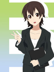 Rule 34 | 1girl, :d, aged up, brown eyes, brown hair, business suit, clipboard, face, formal, gradient background, ikari manatsu, k-on!, manabe nodoka, md5 mismatch, no eyewear, open mouth, pant suit, pants, short hair, silhouette, smile, solo, suit, v