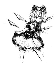Rule 34 | 1girl, bow, cirno, greyscale, hair bow, hanuu, ice, monochrome, puffy short sleeves, puffy sleeves, short hair, short sleeves, skirt, smile, solo, touhou, white background, wings