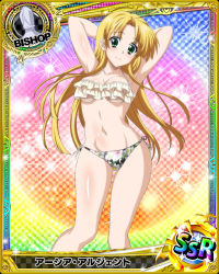 Rule 34 | 1girl, ahoge, armpits, arms behind head, arms up, asia argento, bikini, bishop (chess), blonde hair, blunt bangs, blunt ends, blush, breasts, card (medium), chess piece, cleavage, collarbone, flower bikini, frilled bikini, frills, green eyes, high school dxd, long hair, looking at viewer, medium breasts, navel, official art, simple background, smile, solo, stomach, swimsuit, white bikini