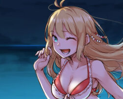 Rule 34 | 1girl, antenna hair, aqua eyes, ayakura juu, beads, bikini, blonde hair, breasts, cleavage, commentary request, hair beads, hair ornament, long hair, looking at viewer, medium breasts, one eye closed, open mouth, outdoors, sky, smile, solo, swimsuit, tsurumaki maki, upper body, voiceroid