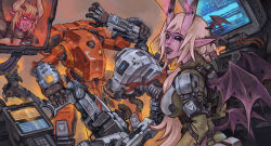 Rule 34 | 2girls, armpitcore420, bisected, black eyes, blonde hair, bodysuit, breasts, cable, colored skin, commentary, commission, cosplay, demon girl, demon horns, english commentary, fangs, fighting, grapple pilot (titanfall 2), green bodysuit, hair behind ear, highres, horns, long pointy ears, mecha, medium breasts, monitor, multicolored hair, multiple girls, open mouth, original, pilot (titanfall 2), pilot (titanfall 2) (cosplay), pilot suit, pink eyes, pointy ears, purple skin, red hair, robot, ronin (titanfall 2), scorch (titanfall 2), skin-covered horns, smile, solid eyes, streaked hair, titan (titanfall), titanfall (series), titanfall 2