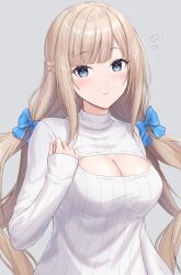 Rule 34 | 1girl, absurdres, alternate costume, blonde hair, blue eyes, blush, breasts, cleavage, closed mouth, flying sweatdrops, grey background, highres, kantai collection, large breasts, long hair, looking at viewer, maryland (kancolle), monoku, ribbed sweater, simple background, solo, sweater, turtleneck, turtleneck sweater, upper body, white sweater