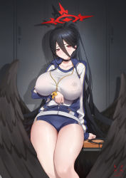 Rule 34 | 1girl, bench, black choker, black hair, black wings, blue archive, blush, breasts, choker, collarbone, gym shorts, gym uniform, hair between eyes, halo, hasumi (blue archive), hasumi (track) (blue archive), high ponytail, highres, huge breasts, jacket, large wings, locker, long hair, looking at viewer, official alternate costume, partially unzipped, ponytail, raised eyebrows, red eyes, shadow, shadow cat (yingmiao), short shorts, shorts, sitting, solo, sweatdrop, taut clothes, thighs, track jacket, unzipping, very long hair, whistle, whistle around neck, wings