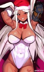 Rule 34 | 1girl, animal ears, armpits, arms up, boku no hero academia, bow, bowtie, breasts, christmas, covered navel, dark-skinned female, dark skin, detached collar, gloves, grin, hat, highleg, highleg leotard, large breasts, leotard, long hair, mikiyuba, mirko, rabbit ears, red bow, red eyes, red hat, santa hat, scar, scar on breasts, smile, solo, twitter username, white gloves, white hair, white leotard