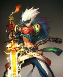 Rule 34 | 00s, belt, chain, cuffs, dungeon and fighter, electricity, energy, jacket, shackles, short hair, slayer (dungeon and fighter), sword, weapon, white hair
