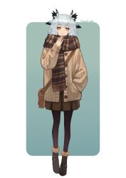 Rule 34 | 1girl, absurdres, ankle cuffs, arknights, artist name, bag, black footwear, black thighhighs, blunt bangs, border, brown skirt, cardigan, closed mouth, feather hair, full body, hair flaps, hand in pocket, hand up, highres, long sleeves, looking at viewer, open cardigan, open clothes, orange eyes, outside border, owl ears, ptilopsis (arknights), scarf, short hair, sidelocks, silver hair, skirt, solo, standing, striped clothes, striped scarf, thighhighs, yoon cook