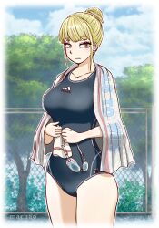 Rule 34 | 1girl, artist name, black one-piece swimsuit, blonde hair, brand name imitation, breasts, cloud, cloudy sky, collarbone, competition swimsuit, day, fence, goggles, hair bun, highres, holding, holding goggles, large breasts, looking at viewer, machao, medium breasts, one-piece swimsuit, original, outdoors, sky, solo, standing, swim cap, swimsuit, towel, towel around neck, tree