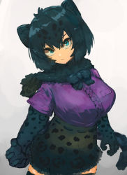 Rule 34 | 1boy, :/, absurdres, adeshi (adeshi0693119), animal ears, animal print, aqua eyes, arms at sides, black bow, black bowtie, black hair, black jaguar (kemono friends), black thighhighs, bow, bowtie, breast pocket, breasts, center frills, closed mouth, colored inner hair, cowboy shot, dress shirt, elbow gloves, frills, fur scarf, gloves, hair between eyes, head tilt, high-waist skirt, highres, jaguar (kemono friends), jaguar ears, jaguar girl, jaguar print, jaguar tail, kemono friends, large breasts, looking at viewer, medium hair, miniskirt, multicolored hair, open hand, open mouth, pocket, print gloves, print skirt, purple shirt, scarf, serious, shirt, shirt tucked in, short sleeves, skirt, solo, tail, tented shirt, thighhighs, tsurime, zettai ryouiki