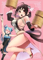 Rule 34 | 2girls, :o, alternate costume, alternate hairstyle, anklet, aqua (konosuba), arm up, ass, bare shoulders, bell, belly chain, black thighhighs, blush, bow, bowtie, braid, breasts, china dress, chinese clothes, cleavage, clothing request, cup, detached sleeves, dress, drinking glass, earrings, frilled sleeves, frills, from side, green bow, green bowtie, hair bell, hair ornament, hair ribbon, hair rings, high heels, highres, holding, izawa (bhive003), jewelry, knee up, kono subarashii sekai ni shukufuku wo!, large breasts, long hair, long sleeves, multiple girls, open mouth, panda hair ornament, pink background, red eyes, red footwear, ribbon, sideboob, teeth, thighhighs, twin braids, twintails, upper teeth only, wine glass, yunyun (konosuba)