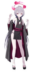 Rule 34 | 1girl, absurdres, bandaged arm, bandages, bare shoulders, bell, black nails, blue archive, blush, chinese commentary, clothing cutout, detached sleeves, fingernails, flat chest, full body, gauze, gauze on cheek, grey hair, grey sleeves, grin, halo, highres, japanese clothes, jingle bell, kuyoumi, long hair, looking at viewer, nail polish, okobo, red eyes, red halo, sandals, shuro (blue archive), simple background, smile, solo, toenail polish, toenails, white background