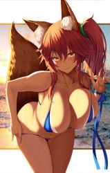 Rule 34 | 1girl, alternate costume, animal ear fluff, animal ears, bare shoulders, bikini, blue bikini, blue ribbon, blush, breasts, brown hair, cleavage, closed mouth, collarbone, commentary request, cowboy shot, fate/grand order, fate (series), fox ears, fox girl, fox tail, hair between eyes, hair tie, highres, large breasts, leaning forward, long hair, looking at viewer, ribbon, side ponytail, sidelocks, smile, swimsuit, tail, tamamo (fate), tamamo no mae (fate/extra), tamamo no mae (swimsuit lancer) (fate), tan, tanline, thighs, zukky