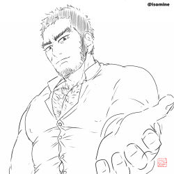 Rule 34 | 1boy, bara, beard, beard stubble, bursting pectorals, buzz cut, chest hair peek, collared shirt, covered erect nipples, facial hair, facial scar, golden kamuy, greyscale, head tilt, isomine, large pectorals, long sideburns, looking at viewer, male focus, mature male, monochrome, muscular, muscular male, outstretched hand, pectoral cleavage, pectorals, reaching, reaching towards viewer, sanpaku, scar, scar on cheek, scar on face, shirt, short hair, sideburns, smile, solo, stubble, tanigaki genjirou, thick eyebrows, very short hair