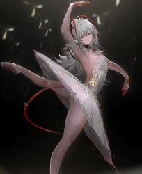 Rule 34 | 1girl, alternate costume, alternate hair length, alternate hairstyle, antenna hair, arknights, arm up, armpits, ass, ballerina, ballet, black background, closed mouth, commentary, dancing, demon girl, demon horns, demon tail, detached collar, detached sleeves, gradient background, grey eyes, grey hair, grey pantyhose, highres, horns, koio, leg up, leotard, light particles, long hair, looking down, multicolored hair, pantyhose, red hair, short sleeves, solo, strapless, strapless leotard, symbol-only commentary, tail, tutu, two-tone hair, w (arknights), white leotard