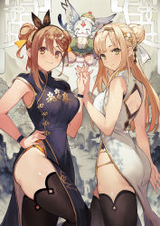 Rule 34 | 2girls, atelier (series), atelier ryza, blonde hair, braid, breasts, brown eyes, brown hair, china dress, chinese clothes, dress, green eyes, hair bun, hand on own hip, highres, klaudia valentz, long hair, looking at viewer, medium breasts, multiple girls, official art, reisalin stout, short hair, simple background, single hair bun, smile, thick thighs, thighhighs, thighs, toridamono