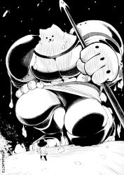 Rule 34 | 1boy, :3, batsu, commentary request, dog, frisk (undertale), giant, greater dog, greyscale, height difference, holding, holding knife, holding weapon, knife, lance, long sleeves, looking at another, looking down, monochrome, on one knee, polearm, shorts, size difference, snow, snowing, standing, twitter username, undertale, weapon