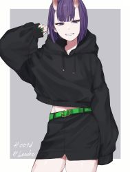 Rule 34 | 1girl, alternate costume, arm up, belt, black hoodie, black skirt, bob cut, casual, contemporary, contrapposto, cowboy shot, drawstring, eyeliner, fate/grand order, fate (series), green belt, green nails, grey background, hashtag, highres, hood, hood down, hoodie, horns, ichiya1115, long sleeves, looking at viewer, makeup, nail polish, oni, open mouth, pencil skirt, pointy ears, purple eyes, purple hair, short eyebrows, short hair, shuten douji (fate), simple background, skin-covered horns, skirt, smile, solo, streetwear, thighs, two-tone background, white background