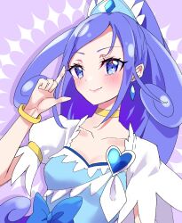Rule 34 | 1girl, absurdres, blue bow, blue eyes, blue hair, bow, bracelet, breasts, brooch, choker, crystal earrings, cure diamond, dokidoki! precure, earrings, hair ornament, heart, heart brooch, high ponytail, highres, hishikawa rikka, jewelry, lips, long hair, looking at viewer, magical girl, mikorin, ponytail, precure, purple background, short sleeves, small breasts, smile, solo, upper body, waist bow, wide ponytail, yellow choker