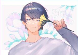 Rule 34 | 1boy, absurdres, black hair, commentary request, flower, freesia (flower), grey eyes, grey shirt, highres, holding, holding flower, kanai (nai nai), light smile, long sleeves, looking at viewer, male focus, original, shirt, short hair, solo, upper body, yellow flower