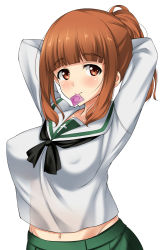Rule 34 | 10s, 1girl, alternate hairstyle, arms behind head, arms up, blouse, blunt bangs, blush, breasts, condom, condom in mouth, covered erect nipples, girls und panzer, green skirt, hair up, kuragari, large breasts, long hair, long sleeves, looking at viewer, matching hair/eyes, midriff, mouth hold, navel, neckerchief, no bra, ooarai school uniform, orange eyes, orange hair, pleated skirt, ponytail, school uniform, serafuku, shirt, simple background, sitting, skirt, smile, solo, takebe saori, white background, white shirt