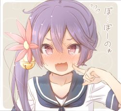 Rule 34 | 1girl, @ @, akebono (kancolle), bell, blue sailor collar, blush, collarbone, commentary request, finger to cheek, flower, flying sweatdrops, fujisaki yuu, grey background, hair bell, hair between eyes, hair flower, hair ornament, jingle bell, kantai collection, long hair, looking at viewer, nose blush, open mouth, purple eyes, purple hair, red flower, sailor collar, school uniform, serafuku, shirt, short sleeves, side ponytail, solo, sweat, translation request, two-tone background, upper body, wavy mouth, white background, white shirt