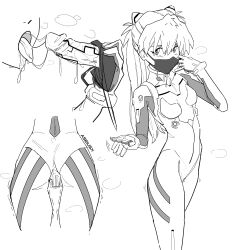Rule 34 | 1girl, absurdres, aseiusx, ass, ass focus, blush, bodysuit, breasts, dildo, dildo gag, dildo under mask, fellatio, gag, heavy breathing, highres, long hair, looking at viewer, mask, medium breasts, monochrome, mouth mask, multiple views, neon genesis evangelion, oral, plugsuit, saliva, saliva trail, sex toy, simple background, simulated fellatio, souryuu asuka langley, standing, tongue, tongue out, trembling, vibrator, vibrator under clothes