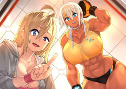Rule 34 | 23 (real xxiii), 2girls, abs, ahoge, blonde hair, blue eyes, blush, boxing gloves, breasts, cleavage, dark-skinned female, dark skin, fang, female focus, large breasts, long hair, multiple girls, muscular, muscular female, nail polish, navel, original, sela (23), thick thighs, thighs, toned, ursula (23)
