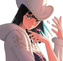 Rule 34 | 1girl, black hair, blue eyes, blunt bangs, coat, commentary, cowboy hat, cross-laced clothes, cross-laced top, english commentary, extra arms, fur-trimmed coat, fur trim, hana hana no mi, hat, highres, light smile, medium hair, mygiorni, nico robin, nico robin (alabasta), one piece, petals, pink petals, simple background, solo, upper body, white background, white coat, white hat