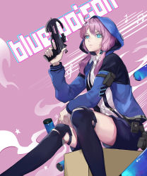 Rule 34 | 1girl, absurdres, ahoge, aqua eyes, arknights, belt, belt pouch, blue jacket, blue poison (arknights), blue poison (elite ii) (arknights), blue shorts, blue thighhighs, bowgun, canister, character name, collared shirt, cowboy shot, expressionless, highres, hood, hooded jacket, huge filesize, jacket, long sleeves, looking at viewer, medium hair, musical note, narakuuu, pink background, pink hair, pouch, shirt, short shorts, shorts, sidelocks, simple background, sitting, solo, staff (music), suspender shorts, suspenders, thighhighs, thighs, torn clothes, torn thighhighs, white shirt