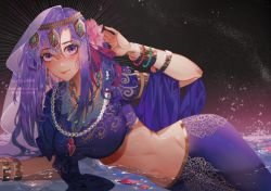 Rule 34 | 1girl, breasts, closed mouth, earrings, fate/grand order, fate (series), flower, hair ornament, indian clothes, jewelry, large breasts, long hair, looking at viewer, matou sakura, necklace, parvati (fate), purple eyes, purple hair, shei99, smile