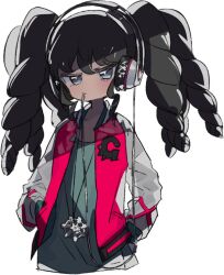 Rule 34 | 1girl, alternate costume, black hair, cable, closed mouth, commentary request, cropped torso, gaaruru (pripara), grey eyes, grey shirt, hand in pocket, headphones, jacket, letterman jacket, long hair, long sleeves, looking at viewer, mouth hold, pretty series, pripara, red jacket, ritsu (roboroboro), shirt, simple background, solo, twintails, unplugged, upper body, white background
