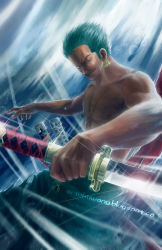 Rule 34 | 1boy, absurdres, bubble, earrings, fishman island, green hair, highres, huge filesize, jewelry, katana, lens flare, male focus, mikael wang, one-eyed, one piece, realistic, roronoa zoro, scar, topless male, short hair, smile, solo, speed lines, sword, underwater, watermark, weapon, web address