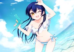 Rule 34 | 1girl, bikini, blue hair, blush, cowboy shot, day, hand up, highres, holding, holding water gun, long hair, looking at viewer, love live!, love live! school idol project, marine day, misora deco, ocean, one eye closed, open mouth, see-through, side-tie bikini bottom, smile, solo, sonoda umi, striped bikini, striped clothes, swimsuit, water, water gun, yellow eyes
