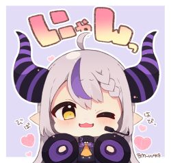 Rule 34 | 1girl, ;3, ;d, ahoge, black dress, blush, braid, braided bangs, chibi, commentary request, demon horns, dress, grey hair, hair between eyes, headset, heart, hololive, horns, la+ darknesss, looking at viewer, multicolored hair, muuran, one eye closed, open mouth, outline, pointy ears, purple background, purple hair, smile, solo, streaked hair, translation request, twitter username, two-tone background, upper body, virtual youtuber, white outline, yellow eyes