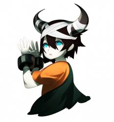 Rule 34 | 1boy, bad id, bad pixiv id, bandages, black hair, blue eyes, cape, child, cuffs, handcuffs, horns, ico, ico (character), looking at viewer, male focus, short hair, simple background, solo, tabard, tensugi takashi, white background