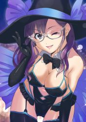 Rule 34 | 1girl, adjusting eyewear, black bow, black bowtie, black gloves, black hat, black thighhighs, bow, bowtie, breasts, cleavage, clothing cutout, commentary request, elbow gloves, garter straps, glasses, gloves, grey eyes, hat, highres, idolmaster, idolmaster cinderella girls, large breasts, leaning forward, long hair, looking at viewer, navel, navel cutout, one eye closed, purple hair, semi-rimless eyewear, solo, thighhighs, under-rim eyewear, witch hat, yagami makino, yama tatsuo