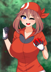 Rule 34 | 1girl, bandana, blue eyes, breasts, brown hair, creatures (company), forest, game freak, highres, large breasts, may (pokemon), nature, nintendo, one eye closed, open mouth, poke ball, pokemon, pokemon rse, red shirt, shirt, smile, solo, the only shoe